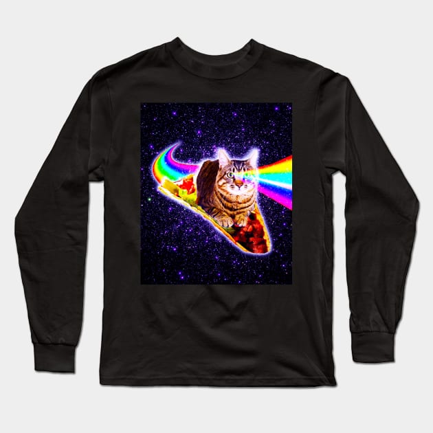 Rainbow Laser Eyes Galaxy Cat Riding Taco Long Sleeve T-Shirt by Random Galaxy